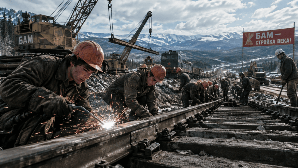 Комсомольцы на строительстве Байкало-Амурской магистрали (БАМ).