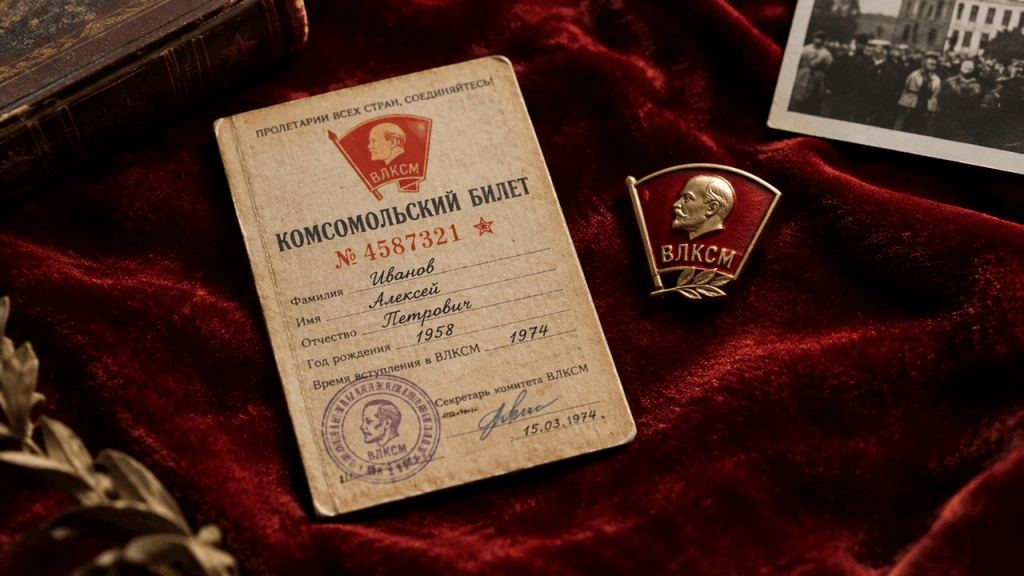 Комсомольский билет и значок ВЛКСМ на красном бархате.
