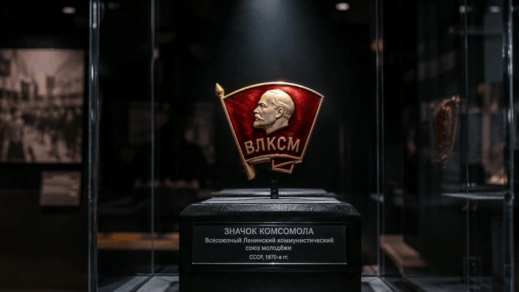 Комсомольский значок как музейный экспонат в витрине.