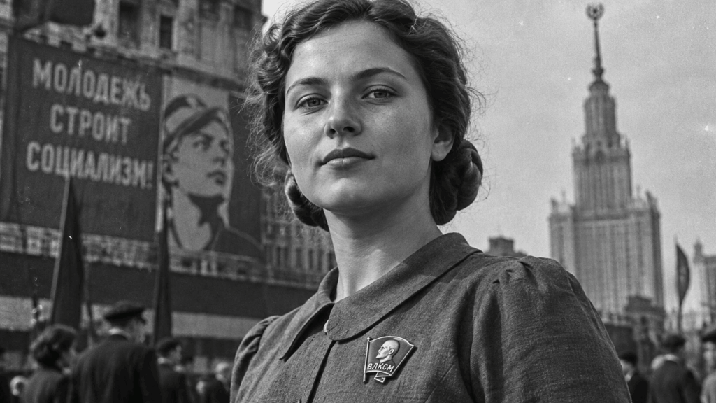 Портрет молодой комсомолки 1930-х годов со значком.